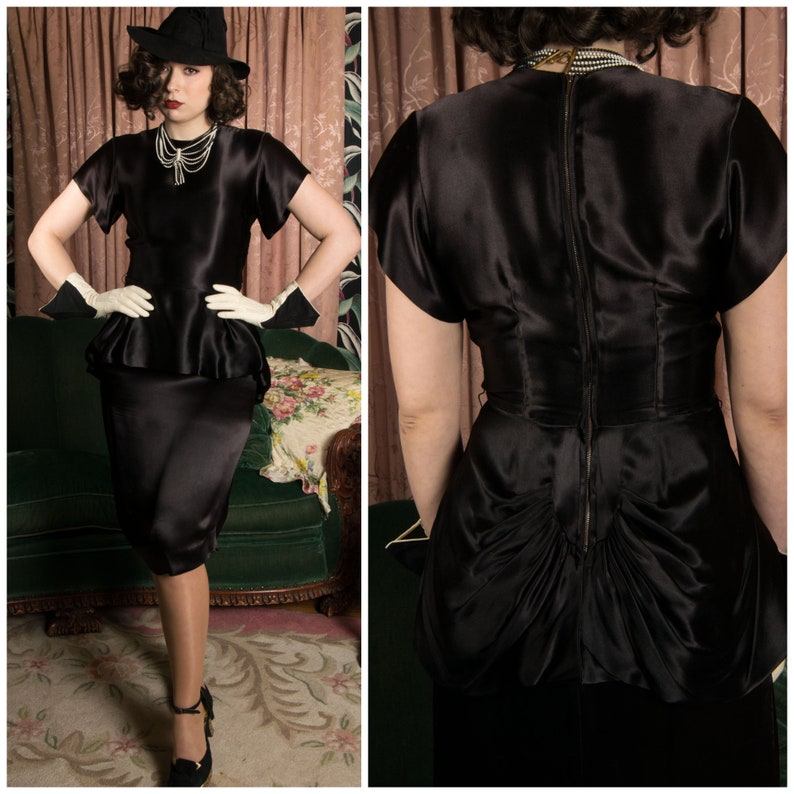 1940s Dress Incredibly Glossy Black Silk Charmeuse Vintage 40s Cocktail Dress with Peplum and Pleated Bustle image 1