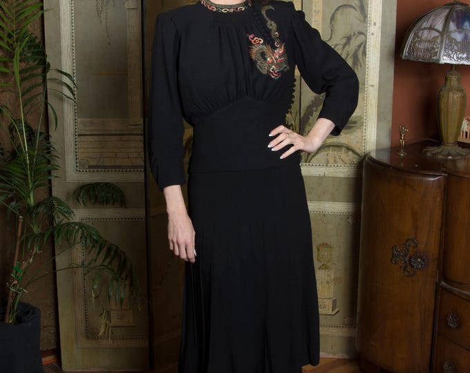 RESERVED ON LAYAWAY - 1930s Dress - Lavish Matte Black Rayon Late 30s "Peak of the Week"  Femme Fatale Vintage Dress - Autumn Lookbook 2026