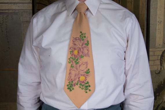 Vintage 1940s Bold Handpainted Wide Hawaiian Tie with Orchid Motif "Hand Painted Hawaii by Flo"