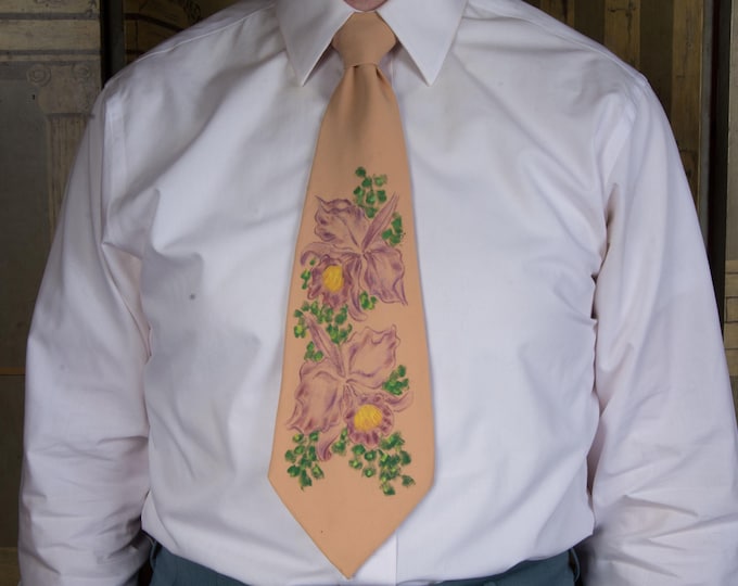 Vintage 1940s Bold Handpainted Wide Hawaiian Tie with Orchid Motif "Hand Painted Hawaii by Flo"