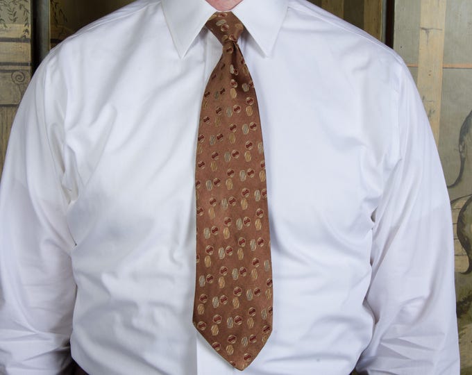 Vintage 1940s  Lustrous Brown Brocade Satin Tie in with Burgundy, Pale Blue and Marigold