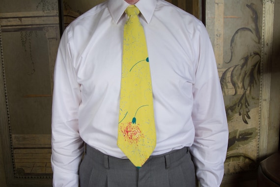 Vintage 1940s Bold Chartreuse Wide Tie with Scatter Paint Flower Print from Porter's, Arizona Original