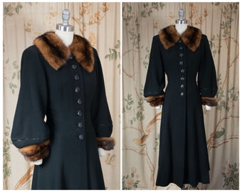 1930s Coat - Exceptional Vintage 30s Black Wool Tailored Coat with Godets and Lantern Sleeves
