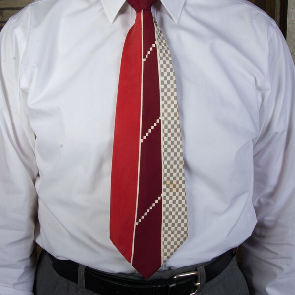 Vintage 1940s Necktie in Tomato Red, Burgundy Grey and White with Unique Stripe and Check Print 4.5"