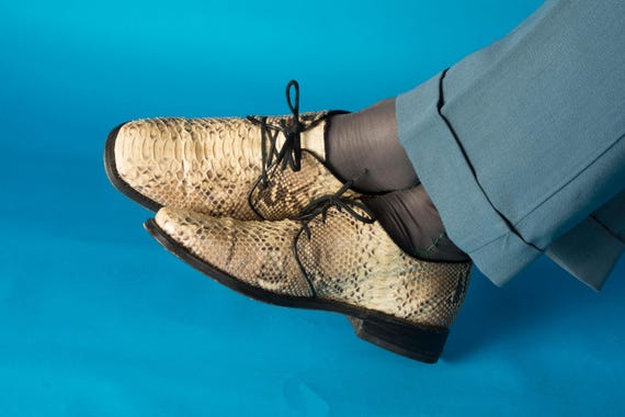 1980s Vintage Shoes Size Approx Men's Size 10 or 10.5 D - Python Snakeskin Derby Style Lace Up Men's Dress Shoes