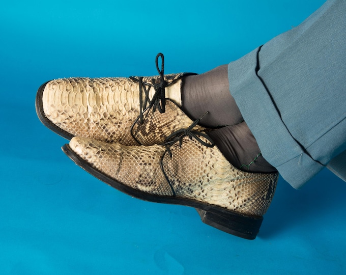 1980s Vintage Shoes Size Approx Men's Size 10 or 10.5 D - Python Snakeskin Derby Style Lace Up Men's Dress Shoes