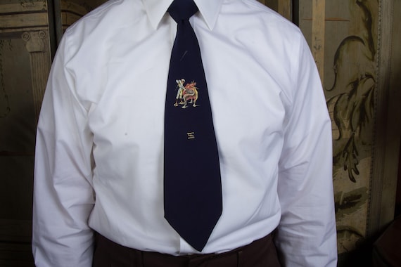 Vintage 1950s Hand Painted Bullfighting Novelty Necktie in Navy Blue