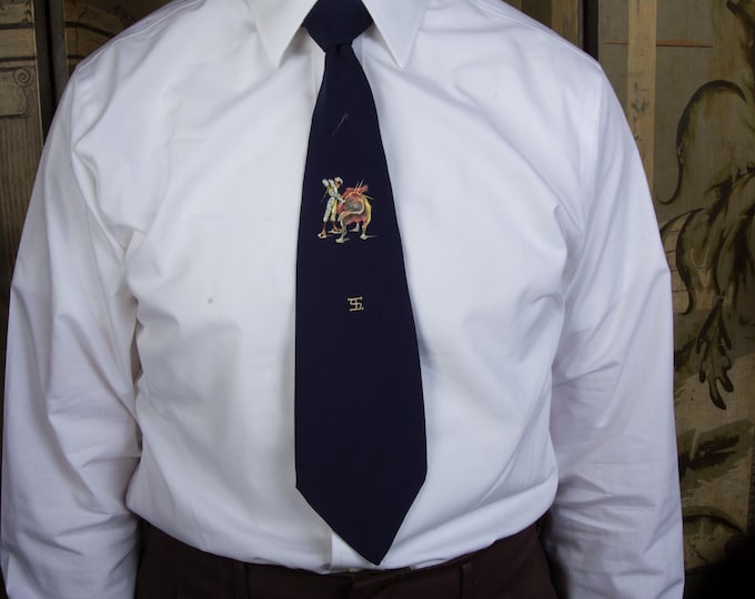 Vintage 1950s Hand Painted Bullfighting Novelty Necktie in Navy Blue