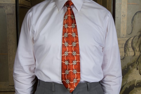 Vintage 1940s Ultra Shiny Satin Wide Tie in Bold Rust with Faceted Gem Print