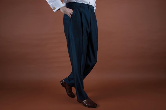 Vintage 1960s Lustrous Blue Sharkskin Pants in Changeable Blue with Single Pleats, Dropped Loops