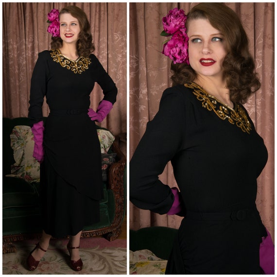 1940s Dress - Elegant Black Rayon Crepe 40s Cocktail Dress with Curling Gold Sequins and Side Draping