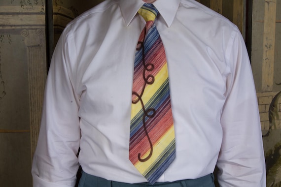 Vintage 1940s Striking Airbrushed Rainbow Stripes Handpainted Wide Tie with Curling Swirl by Arrow