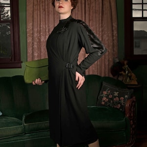 1930s Coat - Fantastic Art Deco Lighter Weight Black 30s Tailored Coat with Horsehair Trim and Asymmetric Closure