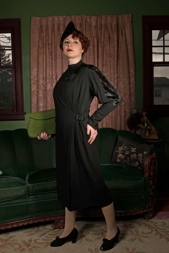 1930s Coat - Fantastic Art Deco Lighter Weight Black 30s Tailored Coat with Horsehair Trim and Asymmetric Closure