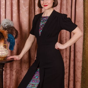 1940s Dress Striking Vintage 30s/40s Cusp Black Rayon Crepe Dress with Puff Sleeves and Printed Satin Charmeuse Insets image 6