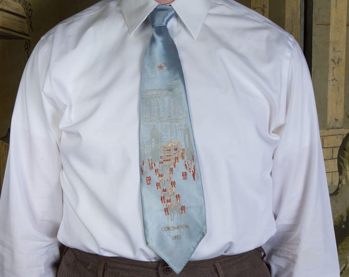 Vintage 1950s 1953 Queen Elizabeth Coronation Commemorative Necktie with Screen Print in Pale Blue