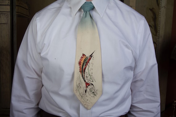 Vintage 1940s Novelty Printed and Handpainted MARLIN Swordfish Wide Tie by Pilgrim
