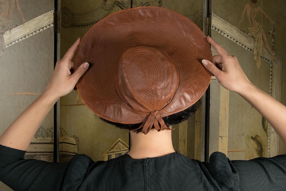 1940s Hat - High Fashion Brown Leather Halo Crown Vintage 40s Hat with Top Stitching