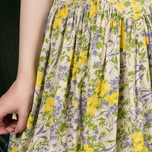 1950s Dress Painterly Vintage 50s Cotton Floral Sundress with Dropped Basque Waist in White, Periwinkle, Olive and Sunny Yellow image 4