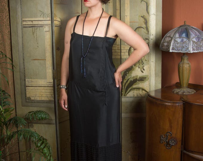 RESERVED Decadent 1920s Black Silk Slip with Wide Layered Hem of Black Beaded Chiffon