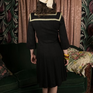 1940s Dress Fantastic Vintage 40s Juniors Dress in Black Linen with Printed Ribbon Striping and Self-Fabric Bowtie by Susan Shane image 8
