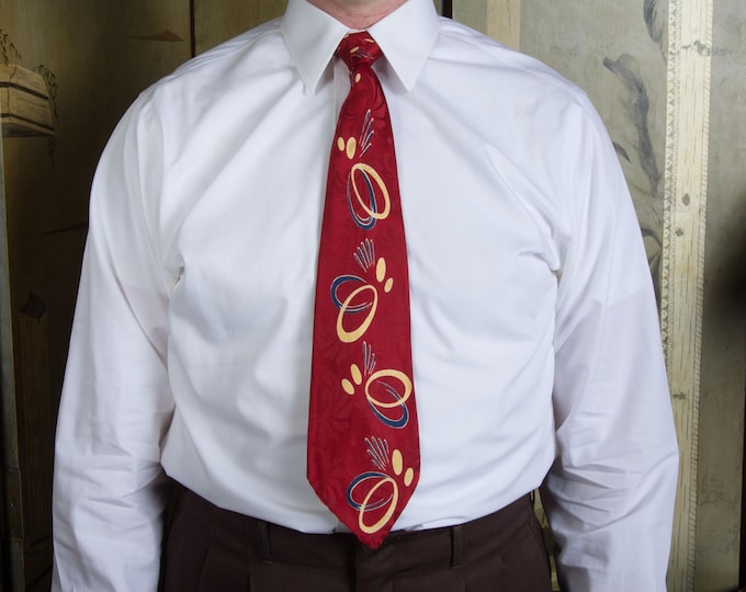 Vintage 1940s All Silk Shiny Brocade  Wide Necktie Tie in Red with Blue and Gold Rings