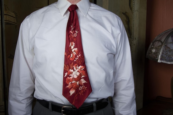 Vintage 1940s Ultra Shiny Wide Satin Embroidered Japanese Souvenir Necktie in Deep Red with Floral Motif by Fuji & Co.