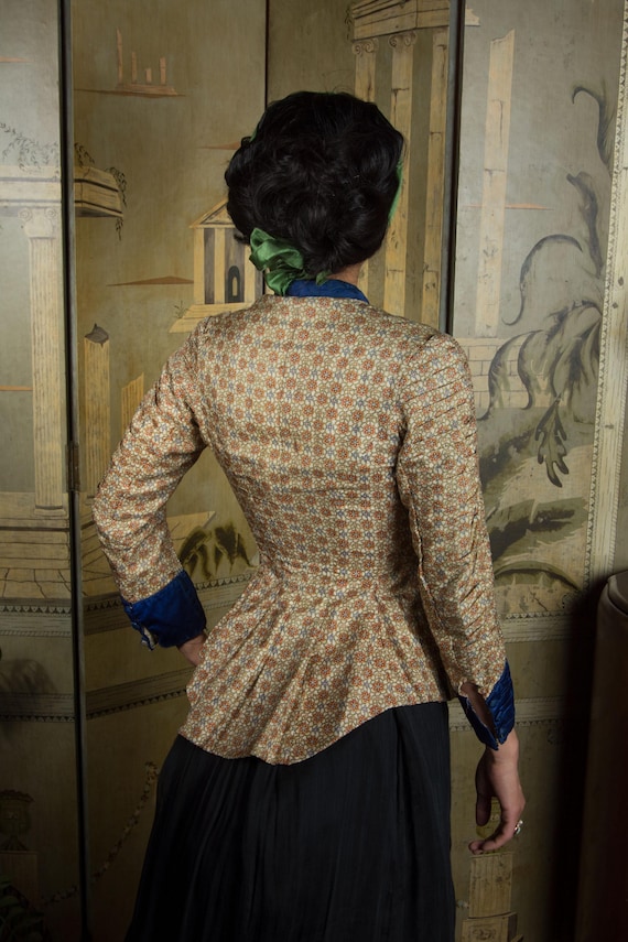 1870s Bodice - Striking c. 1875 Printed Silk Bodice with Striking Cobalt Contrast, Bustle Era,  with Eight Covered Stays