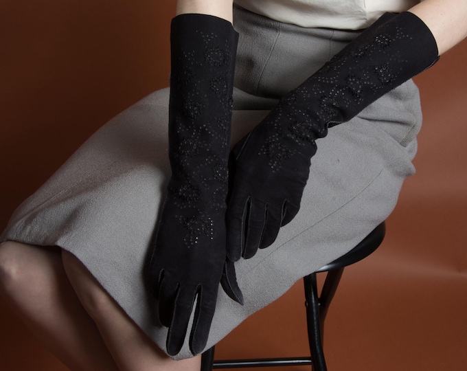 1940s Gloves - Size 6 6.5 - Elegant Vintage 40s Perforated and Embroidered Black Suede Gloves 14"
