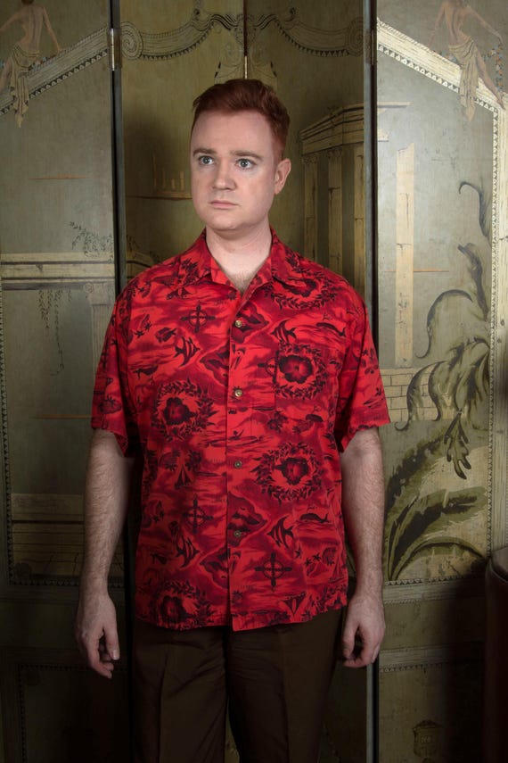 Vintage 1960s Classic Red Islands Print Cotton Aloha Shirt with Brass Buttons XL