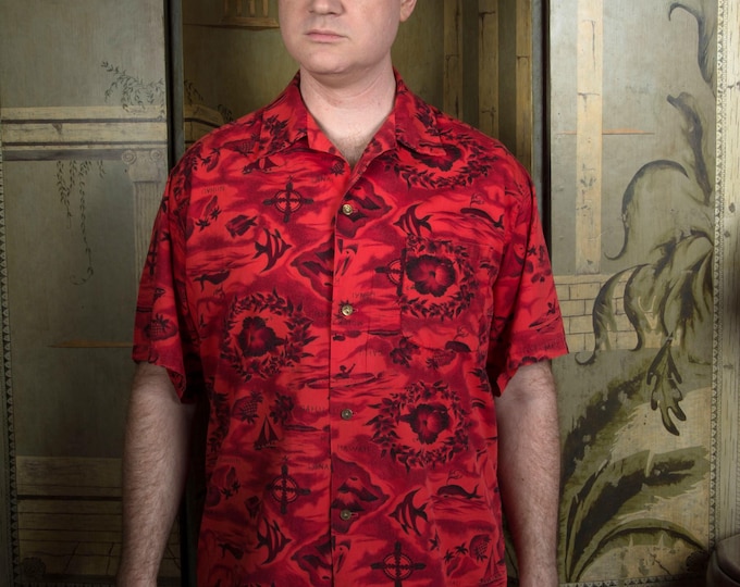 Vintage 1960s Classic Red Islands Print Cotton Aloha Shirt with Brass Buttons XL