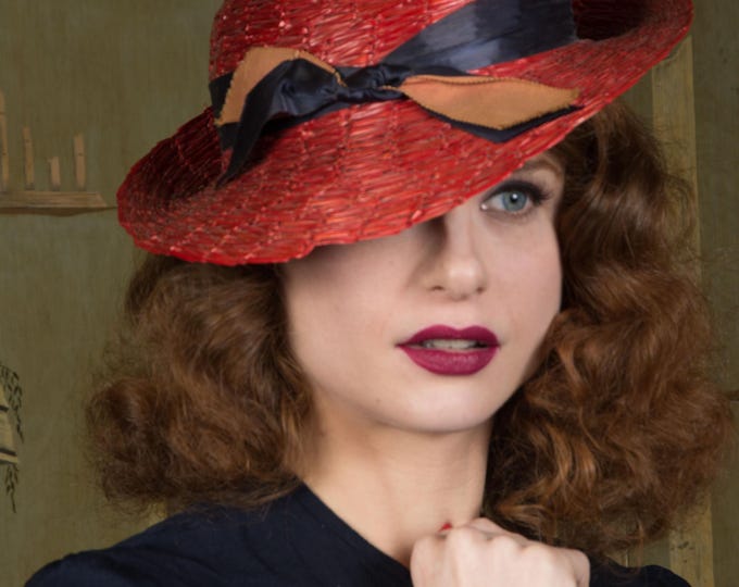 1930s Hat - Darling Early 1930s NRA Code Label Straw Hat in Red with Navy Trim, Asymmetric Size 23