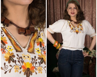 1970s Blouse -  Quintessentially Vintage 70s Embroidered Hungarian Peasant Top in Brown/Orange/Mustard Palette