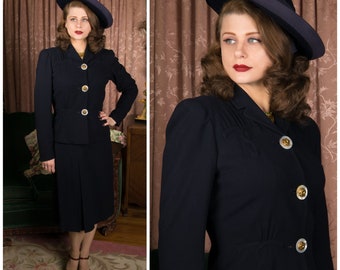 1940s Suit - Exquisite Late 1930s/Early 40s Trapunto Work Suit Tailored of Navy Blue Wool Crepe Suit with Statement Buttons