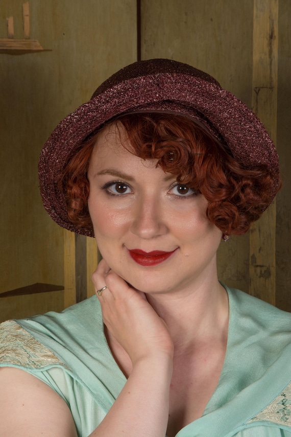 1930s Hat - JEAN PATOU Reproduction Rare Designer Couture Early 30s Pleated Cloche Hat in Lustrous Brown Straw with Bakelite Baubles