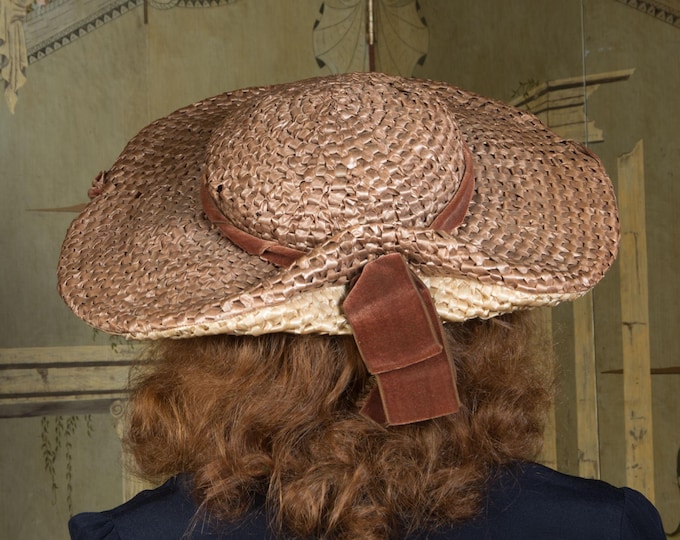 1940s 50s Unique Two Tone Wide Brimmed Vintage Sunhat, Italian Made Soft Brown and Pale Natural Colored Wide Straw