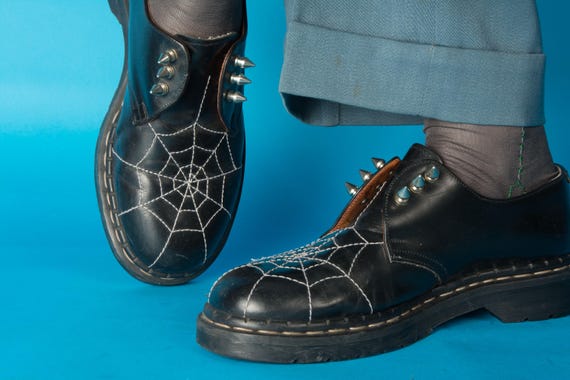 Vintage Original 1990s TREDAIR (Dr Martens) Rare Spiderweb Creepers Boots Top Stitched Goth with Spikes