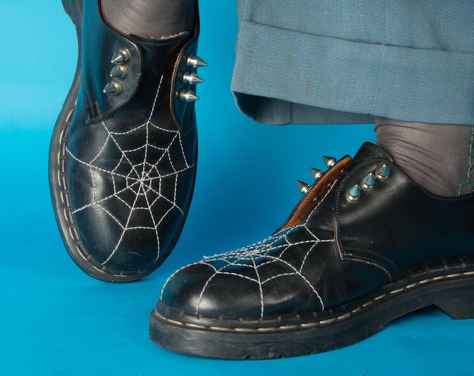 Vintage Original 1990s TREDAIR (Dr Martens) Rare Spiderweb Creepers Boots Top Stitched Goth with Spikes