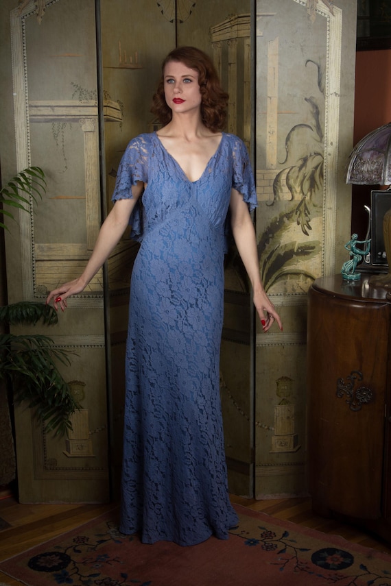 1930s Dress - Curve Hugging Periwinkle Lace 30s Bias Cut Gown with Fluttering Caped Back by FOGA