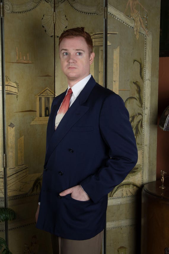 Vintage Early to Mid 50s Peaked Lapel Double Breasted Suit Jacket in Gabardine with Top Stitched Lapels Size 42