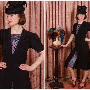 1940s Dress Striking Vintage 30s/40s Cusp Black Rayon Crepe Dress with Puff Sleeves and Printed Satin Charmeuse Insets image 1