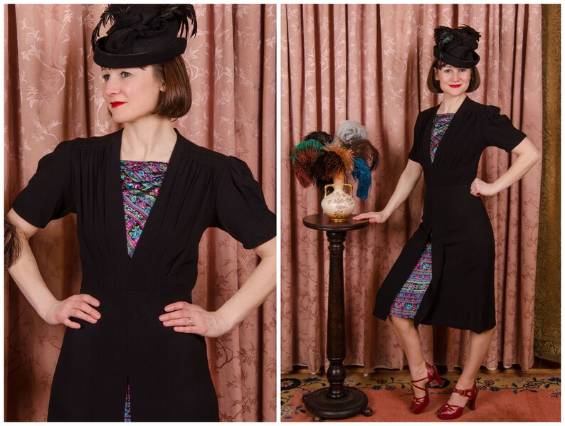 1940s Dress Striking Vintage 30s/40s Cusp Black Rayon Crepe Dress with Puff Sleeves and Printed Satin Charmeuse Insets image 1