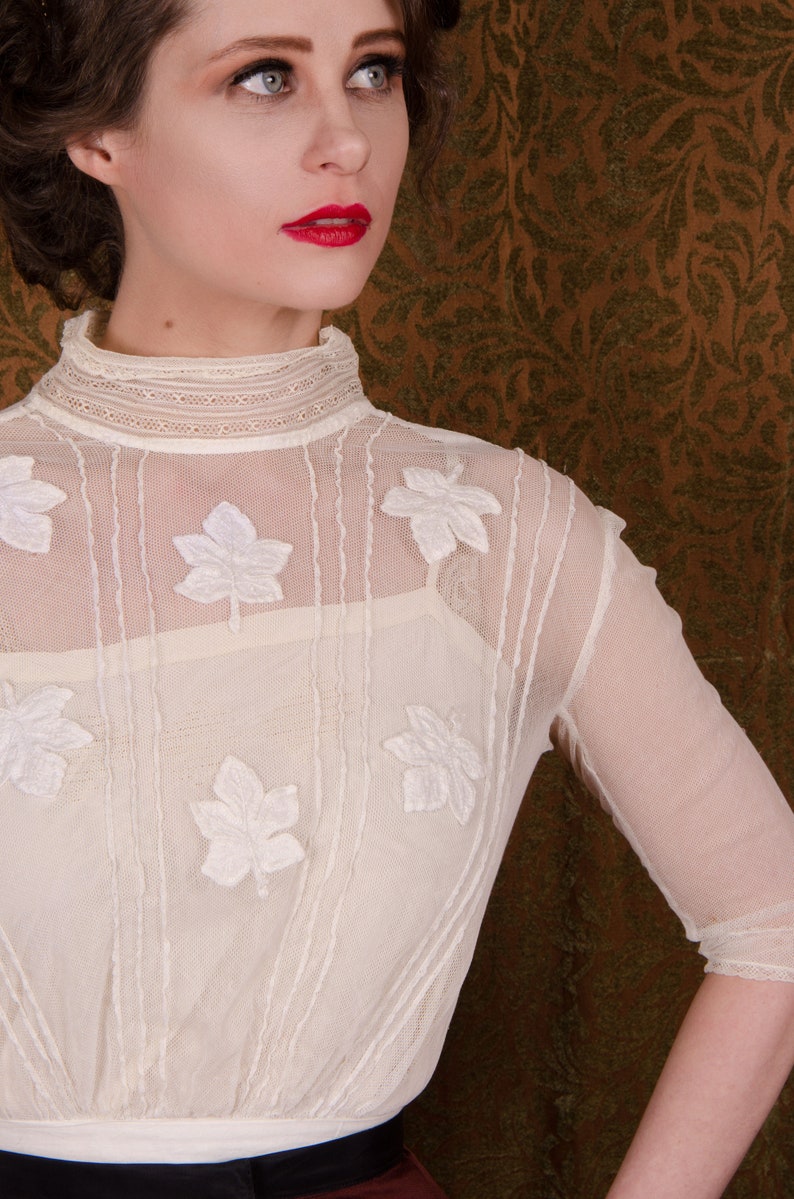 Edwardian Blouse Antique 1910s Titanic Era Ivory Cotton Net Bodice Blouse with Pintucks and Appliqued Leaves image 5