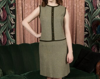 1960s Dress - Vintage 60s Houndstooth Mod Drop Waist Shift Dress by in Cream and Olive Green