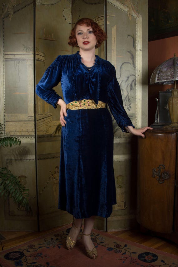 1930s Dress - Gorgeous Mid 30s Royal Blue Rayon Velvet Dress with Sophisted Knot and Bib Collar