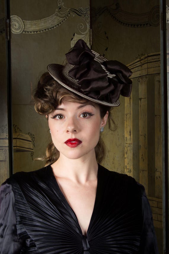 1940s Hat - Smart Striped Brown and Ivory Straw Tilt Topper with Satin Pouf, a New York Creation