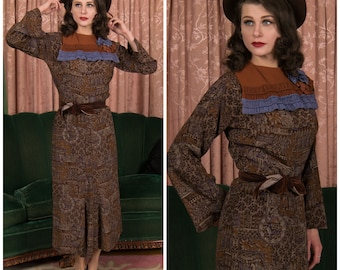 1930s Dress - Unique Vintage 30s Tapestry Printed Silk Day Dress with Complementary Colorblock Collar