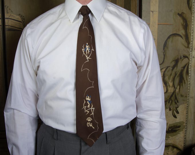 Vintage 1950s COUNTESS MARA Novelty Tie of Brazilian Dancers on Brown Silk