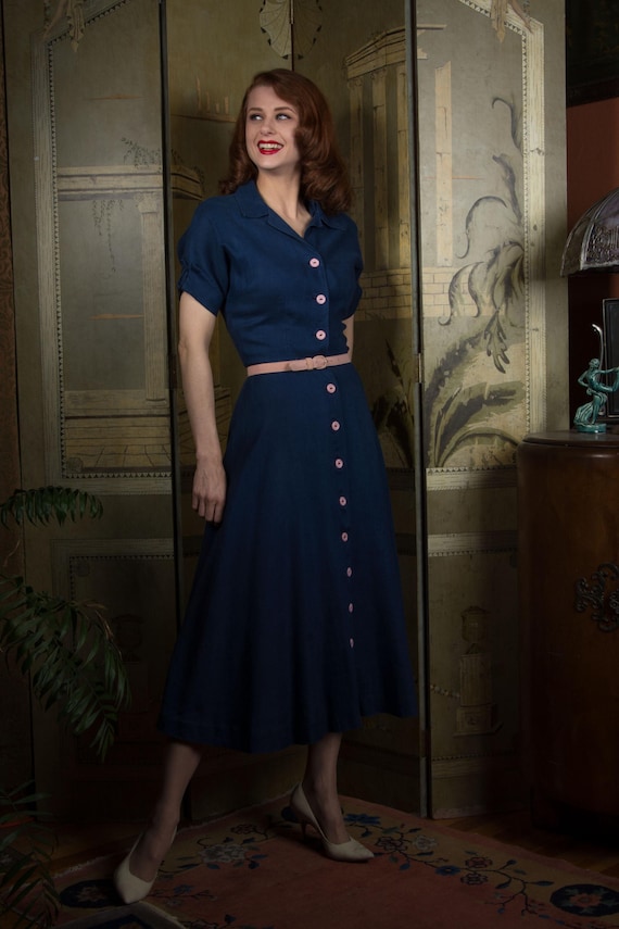 Vintage 1950s All Linen 50s Day Dress in Navy Blue Linen with Pink Button Front Closure