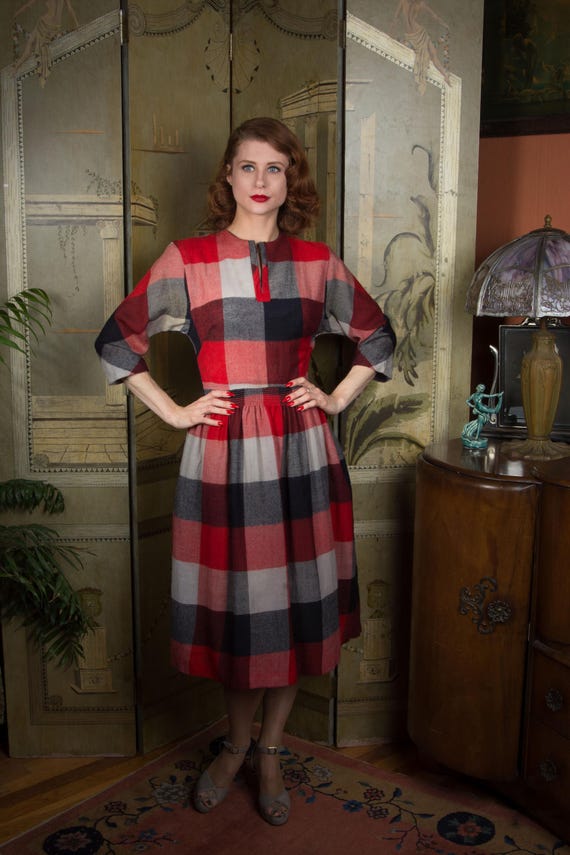 Early 1950s Vintage Wool Dress in Blocked Red, Black and Grey Plaid